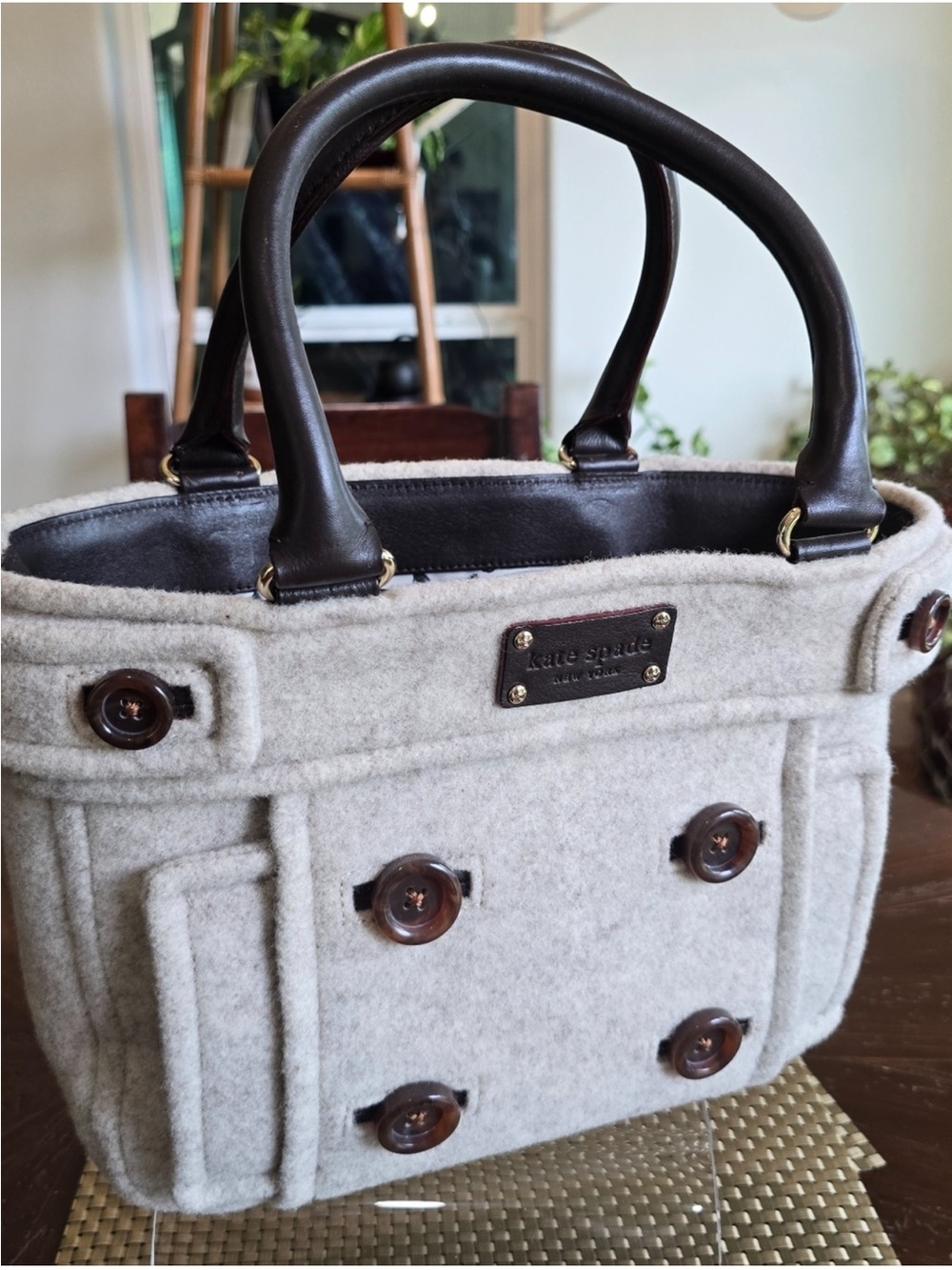Vintage Kate Spade Wool Button Satchel Bag Brown Leather Rare Discontinued Style